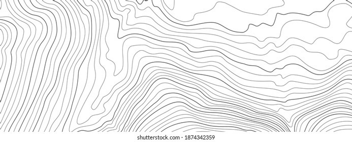 The stylized height of the topographic contour in lines and contours. The concept of a conditional geography scheme and the terrain path. Black and White. Ultra wide size. Vector illustration.