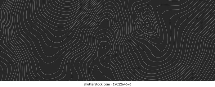 The stylized height of the topographic contour in lines and contours. The concept of a conditional geography scheme and the terrain path. Dark on black. Ultra wide size. Vector illustration.