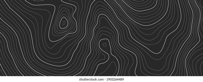 The stylized height of the topographic contour in lines and contours. The concept of a conditional geography scheme and the terrain path. Dark on black. Ultra wide size. Vector illustration.