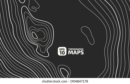 The stylized height of the topographic contour in lines and contours. The concept of a conditional geography scheme and the terrain path. White on black. Ultra wide size. Vector illustration.