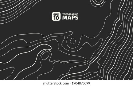 The stylized height of the topographic contour in lines and contours. The concept of a conditional geography scheme and the terrain path. White on black. Ultra wide size. Vector illustration.