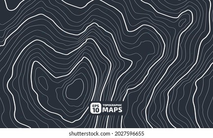 Altura estilizada del contorno topográfico en líneas y contornos. El concepto de un esquema geográfico condicional y el camino del terreno. Blanco sobre azul. Materiales de diseño. Ilustración vectorial.