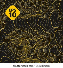 Altura estilizada del contorno topográfico en líneas y contornos. El concepto de un esquema geográfico condicional y el camino del terreno. Amarillo sobre negro. Objeto aislado. Ilustración vectorial.