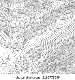 The stylized height of the topographic contour in lines and contours. The concept of a conditional geography scheme and the terrain path. 1x1 size. Black and white colors. Vector illustration.