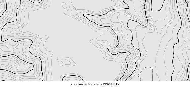 Altura estilizada del contorno topográfico en líneas y contornos. El concepto de un esquema geográfico condicional y el camino del terreno. El color negro se extiende sobre el fondo gris. Ilustración vectorial.