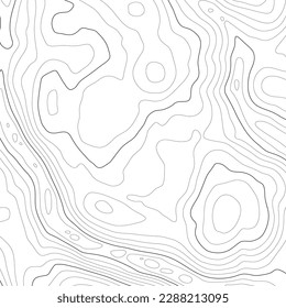 Altura estilizada del contorno topográfico en líneas y contornos. С concepto de un esquema geográfico condicional y la ruta del terreno. Golpe negro sobre fondo blanco. 1x1 tamaño. Ilustración vectorial.