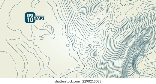 The stylized height of the topographic contour in lines and contours. Сoncept of a conditional geography scheme and the terrain path. Blue stroke on green background. Wide size. Vector illustration.