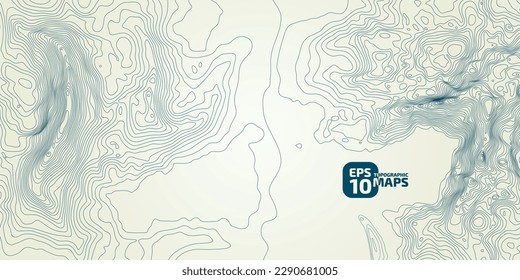 The stylized height of the topographic contour in lines and contours. Сoncept of a conditional geography scheme and the terrain path. Blue stroke on green background. Wide size. Vector illustration.