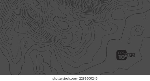 The stylized height of the topographic contour in lines and contours. Сoncept of a conditional geography scheme and the terrain path. Black stroke on gray background. Wide size. Vector illustration.