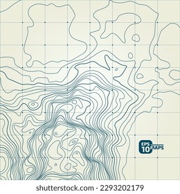 Stylized height of the topographic contour in lines and contours. Сoncept of a conditional geography scheme and the terrain path. Blue stroke on yellow background. 1x1 size. Vector illustration.