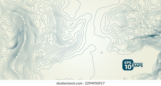 The stylized height of the topographic contour in lines and contours. Сoncept of a conditional geography scheme and the terrain path. Blue stroke on green background. Wide size. Vector illustration.