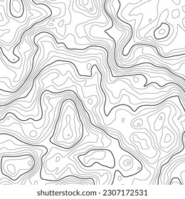 Altura estilizada del contorno topográfico en líneas y contornos. С concepto de un esquema geográfico condicional y la ruta del terreno. Golpe negro sobre fondo blanco. 1x1 tamaño. Ilustración vectorial.