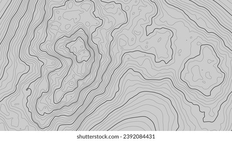 Altura estilizada del contorno topográfico en líneas y contornos. El concepto de un esquema geográfico condicional y el camino del terreno. El color negro se extiende sobre el fondo gris. Ilustración vectorial.