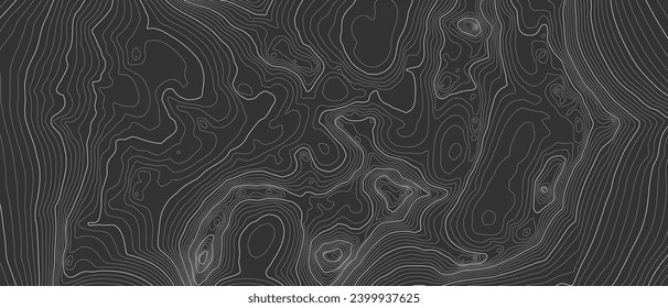 Stylized height of a topographic contour in lines and contours. Concept of a conditional geography scheme and the terrain path. Black  White. Ultra wide size. Vector Illustration