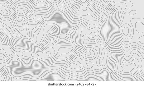 Altura estilizada del contorno topográfico en líneas y contornos. El concepto de un esquema geográfico condicional y el camino del terreno. Negro sobre gris. Gran tamaño. Ilustración vectorial.