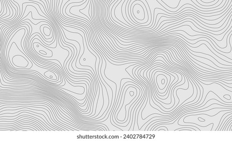 The stylized height of the topographic contour in lines and contours. The concept of a conditional geography scheme and the terrain path. Black on Gray. Wide size. Vector illustration.