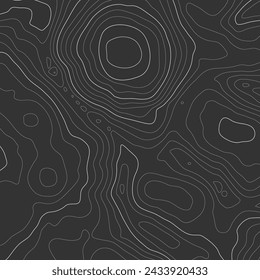 Altura estilizada del contorno topográfico en líneas y contornos. El concepto de esquema geográfico condicional y la trayectoria del terreno. Oscuro sobre negro. Lado de tamaño de relación 1x1. Ilustración vectorial.