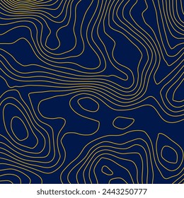 The stylized height of the topographic contour in lines and contours. The concept of a conditional geography scheme and the terrain path. Yellow on Blue. 1x1 ratio size. Vector illustration.