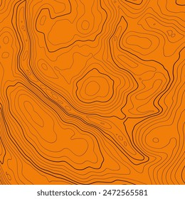 The stylized height of the topographic contour in lines and contours. The concept of a conditional geography scheme and the terrain path. Black on orange. 1x1 ratio size canvas. Vector illustration.