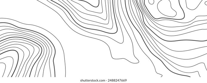 Altura estilizada del contorno topográfico en líneas y contornos. El concepto de esquema geográfico condicional y la trayectoria del terreno. Líneas negras sobre lienzo blanco. Ilustración vectorial.