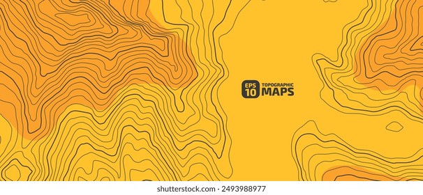 The stylized height of the topographic contour in lines and contours. The concept of a conditional geography scheme and the terrain path. Black on orange. Wide ratio size canvas. Vector illustration.