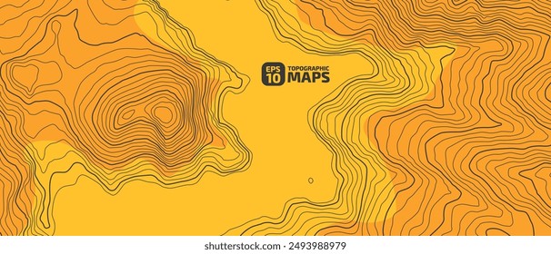 The stylized height of the topographic contour in lines and contours. The concept of a conditional geography scheme and the terrain path. Black on orange. Wide ratio size canvas. Vector illustration.