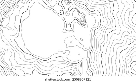 La altura estilizada del contorno topográfico en líneas y contornos. El concepto de un esquema de geografía condicional y el camino del terreno. Líneas negras sobre lienzo blanco. Ilustración vectorial.