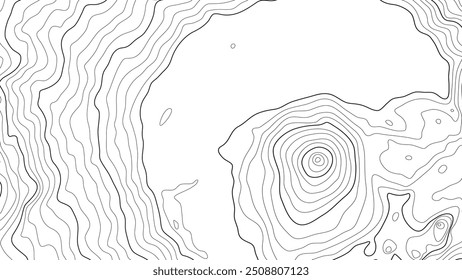 La altura estilizada del contorno topográfico en líneas y contornos. El concepto de un esquema de geografía condicional y el camino del terreno. Líneas negras sobre lienzo blanco. Ilustración vectorial.