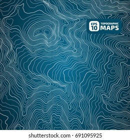 The stylized height of the topographic contour in lines and contours. Blue Background. The concept of a conditional geography scheme and the terrain path. Vector illustration