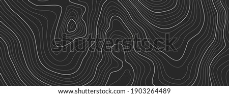 The stylized height of the topographic contour in lines and contours. The concept of a conditional geography scheme and the terrain path. Dark on black. Ultra wide size. Vector illustration.