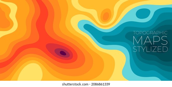 Stylized height of the topographic contour map in lines, contours. Iridescent play of color of water and land. Concept of a conditional geography scheme and the terrain path. Wide Vector illustration.