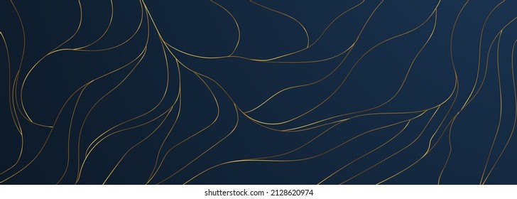 The stylized height of the topographic contour map in lines and contours. The concept of a conditional geography scheme and the terrain path. Gold on blue background. Ultra wide size. Vector illustrat