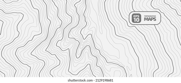 Stylized height of the topographic contour map in lines and stroke. The concept of a conditional geography scheme and the terrain path. Black on white background. Ultra wide size. Vector illustration.