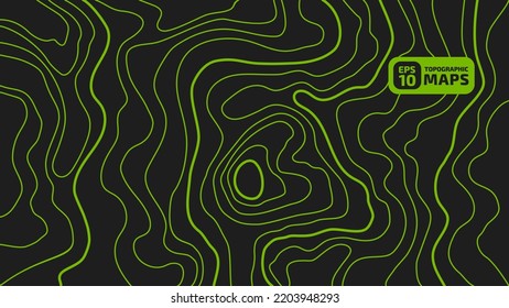 Stylized height of the topographic contour map in lines and stroke. The concept of a conditional geography scheme and the terrain path. Green on black background. Ultra wide size. Vector illustration.