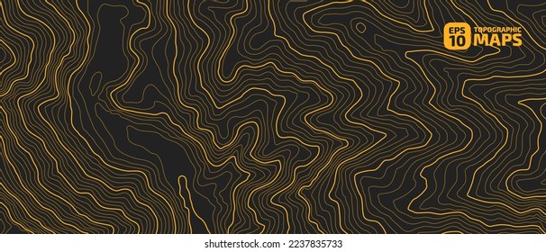 Stylized height topographic contour map in contours. Abstract background. Digital copy earth space. Concept of a conditional geography scheme, terrain path. Yellow on Dark Blue. Vector illustration
