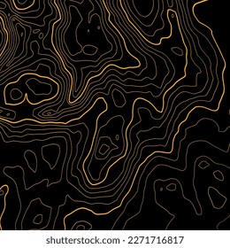 Stylized height topographic contour map in contours. Abstract background. Digital copy earth space. Concept of a conditional geography scheme, terrain path. Yellow on Dark Blue. Vector illustration