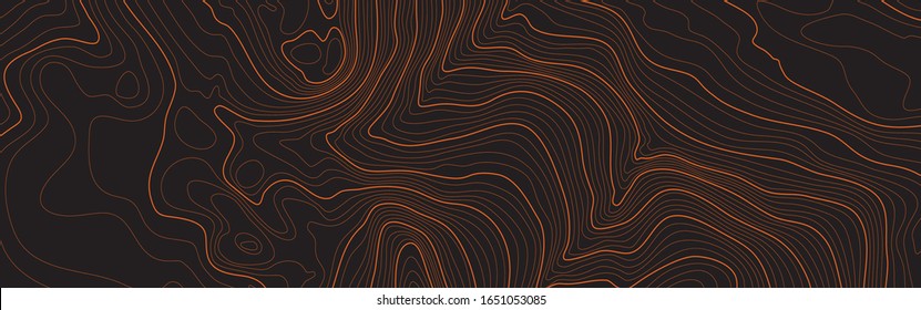 The stylized height of the topographic map contour in lines and contours. The concept of a conditional geography scheme and the terrain path. Orange on black. Ultra wide size. Vector illustration.