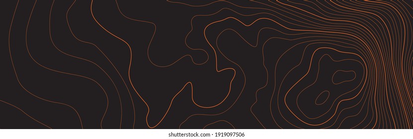 The stylized height of the topographic map contour in lines and contours. The concept of a conditional geography scheme and the terrain path. Orange on black. Ultra wide size. Vector illustration.