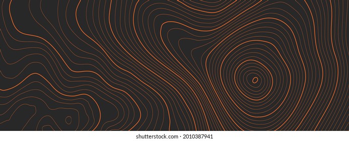 The stylized height of the topographic map contour in lines and contours. The concept map of a conditional geography scheme and the terrain path. Orange on black. Ultra Wide size. Vector illustration.