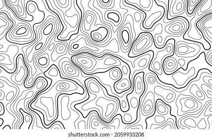 Altura estilizada del contorno del mapa topográfico en líneas y contornos. Colores en blanco y negro. El concepto de un esquema geográfico condicional y el camino del terreno. Objeto aislado. Ilustración vectorial.