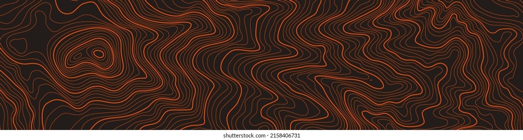 The stylized height of the topographic map contour in lines and contours. The concept of a conditional geography scheme and the terrain path. Orange on black. Ultra wide size. Vector illustration.