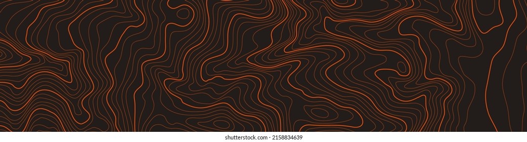 The stylized height of the topographic map contour in lines and contours. The concept of a conditional geography scheme and the terrain path. Orange on black. Ultra wide size. Vector illustration. svg