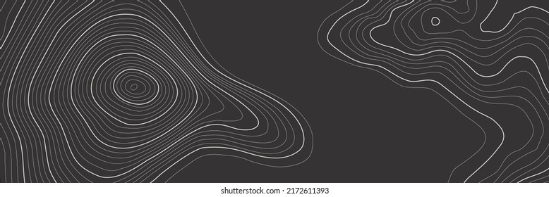 The stylized height of the topographic map contour in lines and slim contours. White on black. Concept of a conditional geography scheme and the terrain path, earth. Vector illustration.