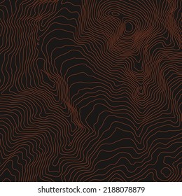 The stylized height of the topographic map contour in lines and contours. The Conditional geography scheme and the terrain path. Orange stroke on dark background . 1x1 size. Vector illustration.