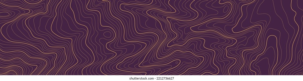 The stylized height of the topographic map contour in lines and contours. The concept of a conditional geography scheme and the terrain path. Orange on black. Ultra wide size. Vector illustration.