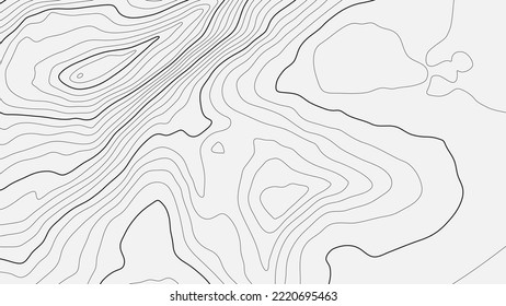 The stylized height of the topographic map contour in lines and contours. Black on gray. The concept of a conditional geography scheme and the terrain path. Wide Size. Vector illustration.