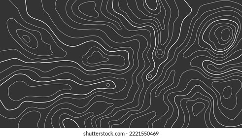 Stylized height of the topographic map contour in lines and stroke. Marine watershed. The concept of a conditional geography scheme and the water path. Wide size. White on black. Vector illustration. svg