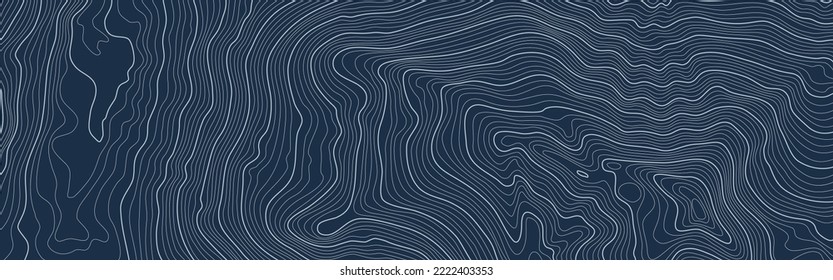 The stylized height of the topographic map contour in lines and contours. Blue on dark blue. The concept of a conditional geography scheme and the terrain path. Ultra Wide Size. Vector illustration.