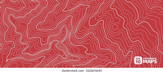 The stylized height of the topographic map contour in lines and contours. White on red . The concept of a conditional geography scheme and the terrain path. Ultra Wide Size. Vector illustration.
