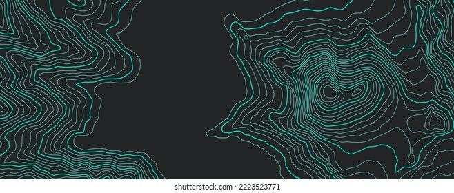 The stylized height of the topographic map contour in lines and contours. Blue on dark colors. Concept of a conditional geography scheme and the terrain path. Ultra Wide Size. Vector illustration.